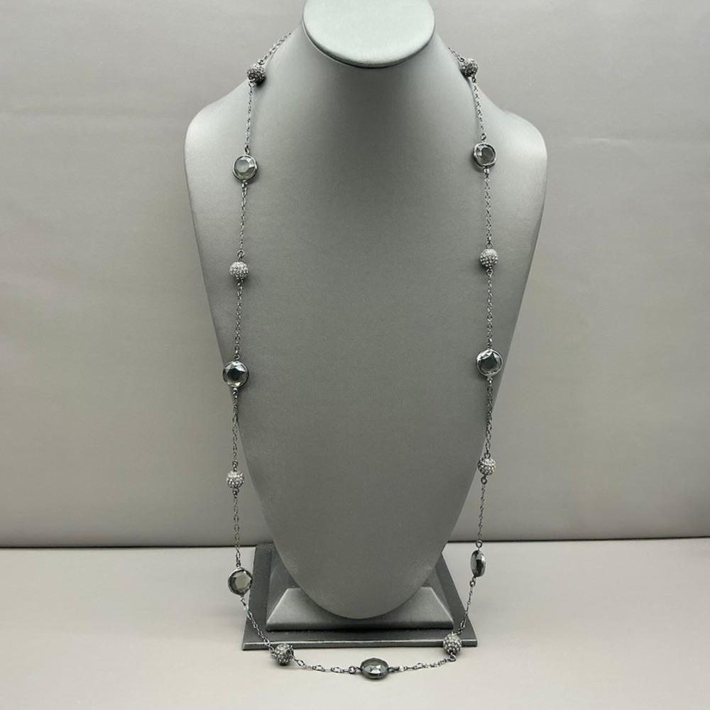 Lia Sophia Long Station Necklace Womens Silver Gray Rhinestone Crystal Beaded